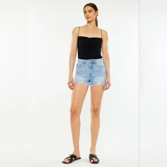 KanCan Torn High Rise Waist Denim Frayed Cut-off Hem Distressed Blue Jean Shorts