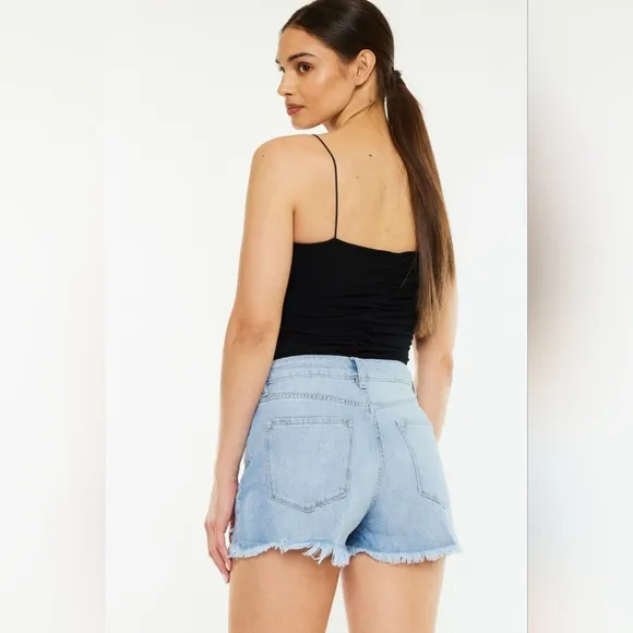 KanCan Torn High Rise Waist Denim Frayed Cut-off Hem Distressed Blue Jean Shorts