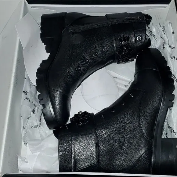 Karl Lagerfeld Black Pebble leather boots size 7.5 black jewels embellished edgy