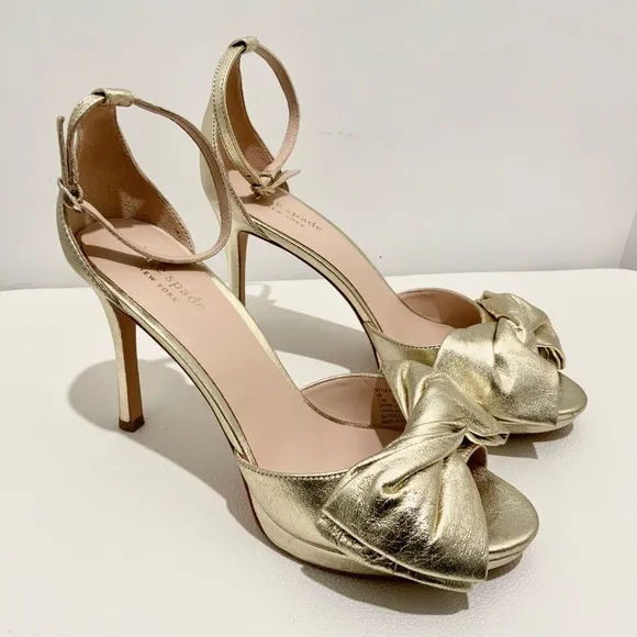 Kate Spade Bridal Bow Gold Leather Platform Sandal Stiletto Heel Evening Pump 10