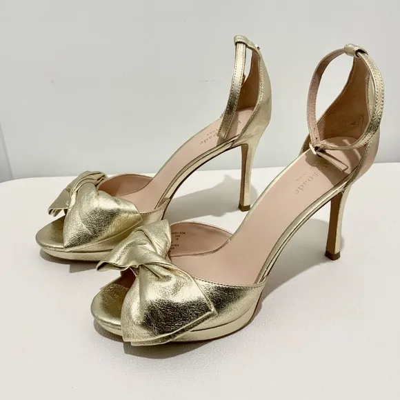 Kate Spade Bridal Bow Gold Leather Platform Sandal Stiletto Heel Evening Pump 10