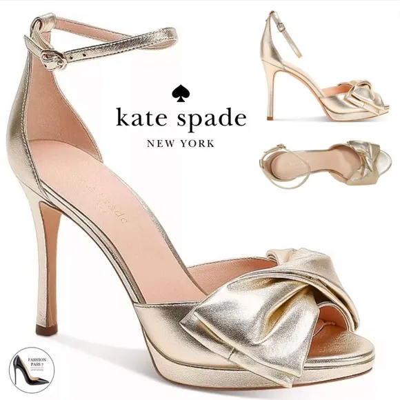 Kate Spade Bridal Bow Gold Leather Platform Sandal Stiletto Heel Evening Pump 10