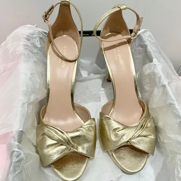 Kate Spade Bridal Bow Gold Leather Platform Sandal Stiletto Heel Evening Pump 10
