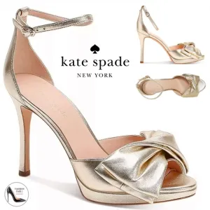 Kate Spade Bridal Bow Gold Leather Platform Sandal Stiletto Heel Evening Pump 10