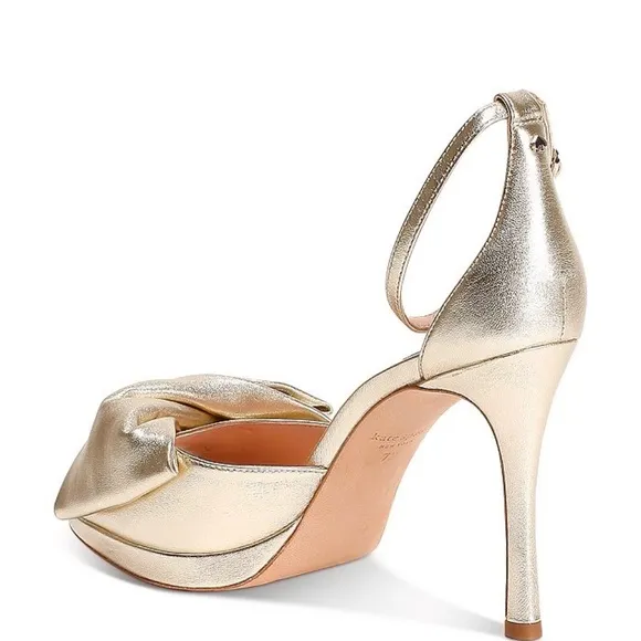 Kate Spade Bridal Bow Gold Leather Platform Sandal Stiletto Heel Evening Pump 10