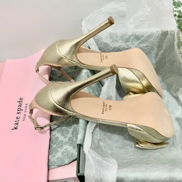 Kate Spade Bridal Bow Gold Leather Platform Sandal Stiletto Heel Evening Pump 10