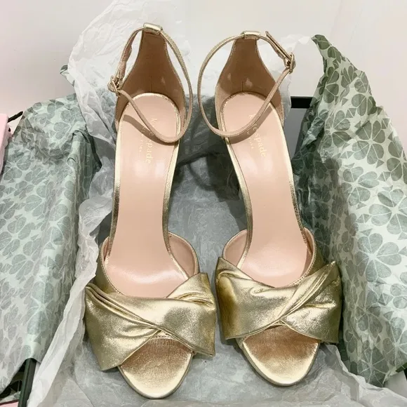 Kate Spade Bridal Bow Gold Leather Platform Sandal Stiletto Heel Evening Pump 10
