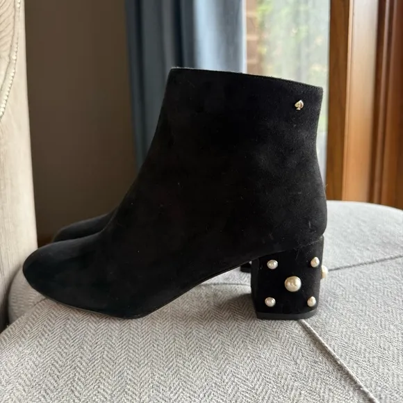 Kate Spade Elegant Black Ankle Boots with Pearl Detail