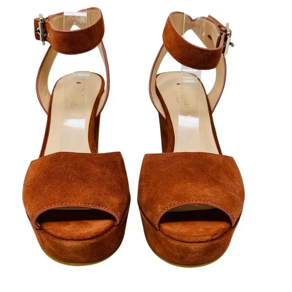 KATE SPADE Rust Brown Key Line Suede Wedge Sandals Shoes Sz 9 Ankle Strap Boho