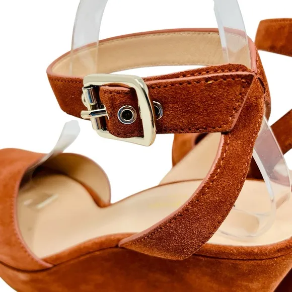 KATE SPADE Rust Brown Key Line Suede Wedge Sandals Shoes Sz 9 Ankle Strap Boho