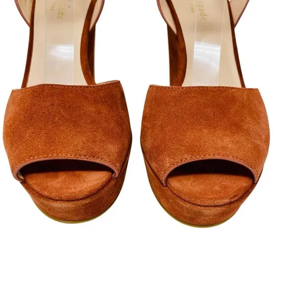 KATE SPADE Rust Brown Key Line Suede Wedge Sandals Shoes Sz 9 Ankle Strap Boho