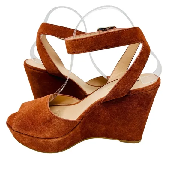 KATE SPADE Rust Brown Key Line Suede Wedge Sandals Shoes Sz 9 Ankle Strap Boho