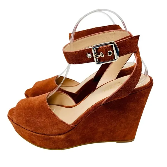 KATE SPADE Rust Brown Key Line Suede Wedge Sandals Shoes Sz 9 Ankle Strap Boho