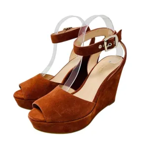 KATE SPADE Rust Brown Key Line Suede Wedge Sandals Shoes Sz 9 Ankle Strap Boho