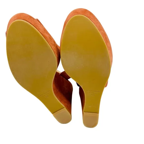 KATE SPADE Rust Brown Key Line Suede Wedge Sandals Shoes Sz 9 Ankle Strap Boho