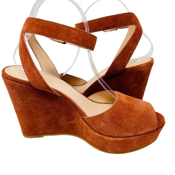 KATE SPADE Rust Brown Key Line Suede Wedge Sandals Shoes Sz 9 Ankle Strap Boho