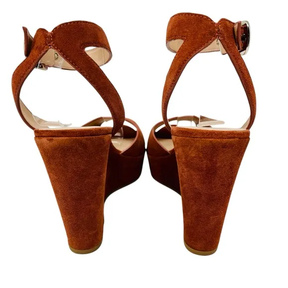 KATE SPADE Rust Brown Key Line Suede Wedge Sandals Shoes Sz 9 Ankle Strap Boho