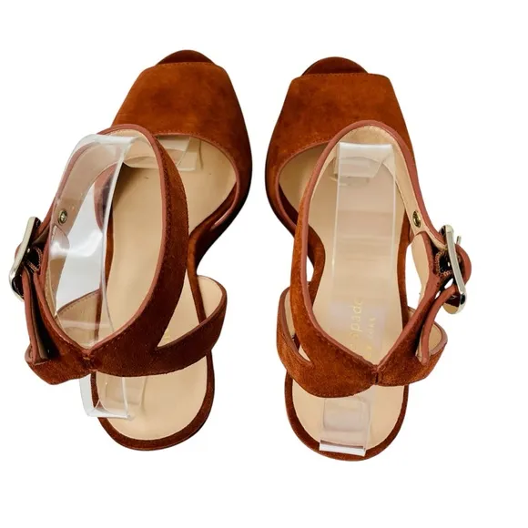 KATE SPADE Rust Brown Key Line Suede Wedge Sandals Shoes Sz 9 Ankle Strap Boho
