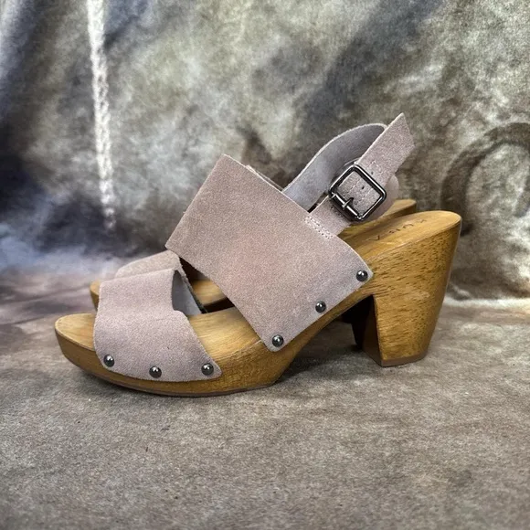 Kelsi Dagger minimalist wooden clogs block heel sandals taupe suede leather 8