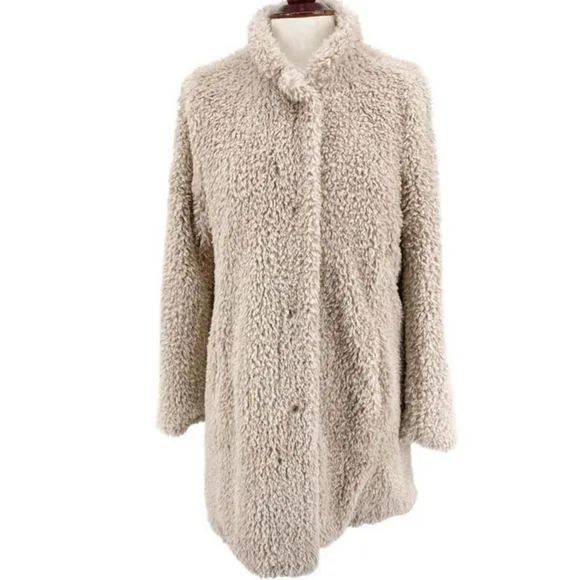 KENNETH COLE Women’s Oatmeal Teddy Sherpa Jacket Hand Pockets Snap Close Sz LG