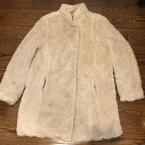 KENNETH COLE Women’s Oatmeal Teddy Sherpa Jacket Hand Pockets Snap Close Sz LG
