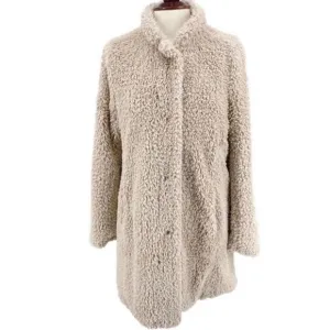 KENNETH COLE Women’s Oatmeal Teddy Sherpa Jacket Hand Pockets Snap Close Sz LG