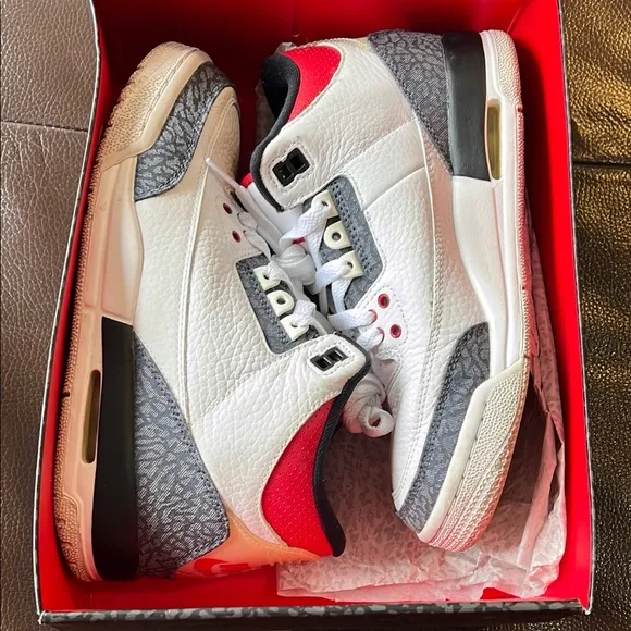 Kids Air Jordan Retro 3 White Fire Red- Black Shoes