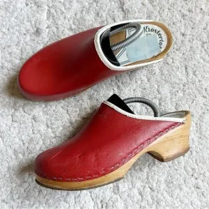 Kloster Trofflen VTG Matte Red Leather Wooden Slip On Clogs Made in Switzerland