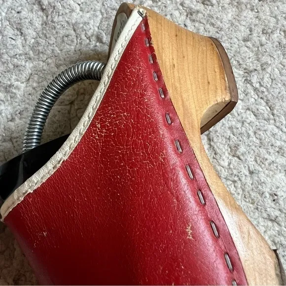 Kloster Trofflen VTG Matte Red Leather Wooden Slip On Clogs Made in Switzerland
