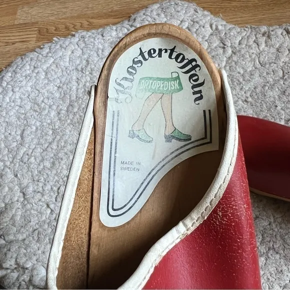 Kloster Trofflen VTG Matte Red Leather Wooden Slip On Clogs Made in Switzerland