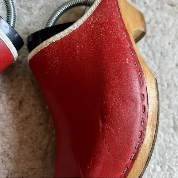 Kloster Trofflen VTG Matte Red Leather Wooden Slip On Clogs Made in Switzerland
