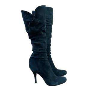 Knee High Black Suede-like Round Toe Zip inside Button Accent Vince Camuto 9.5