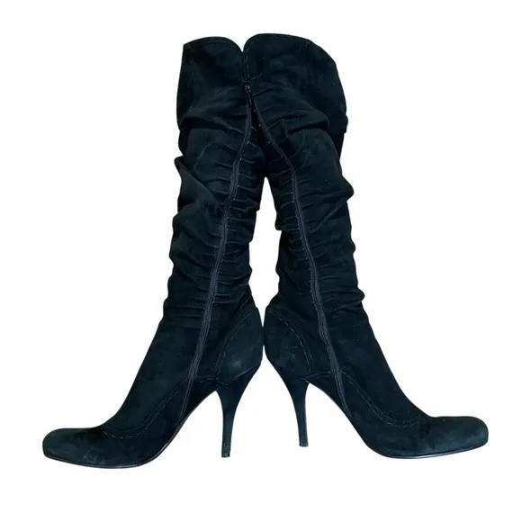 Knee High Black Suede-like Round Toe Zip inside Button Accent Vince Camuto 9.5