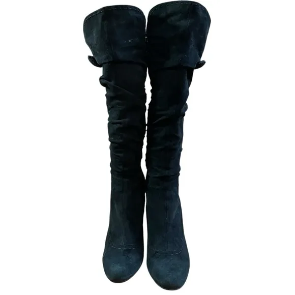 Knee High Black Suede-like Round Toe Zip inside Button Accent Vince Camuto 9.5