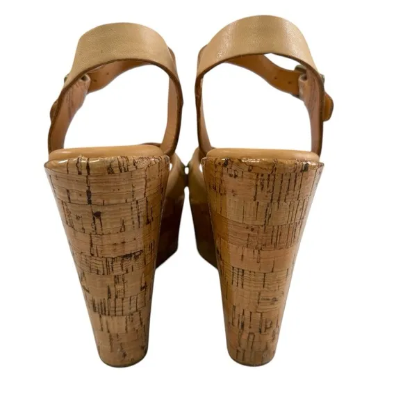 Kork-Ease Jaclyn Tan Leather Crisscross Platform Cork Wedge Sandals Size 5