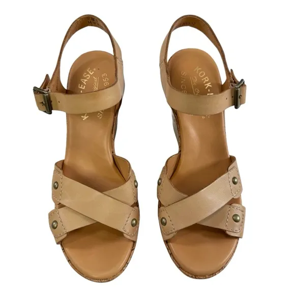 Kork-Ease Jaclyn Tan Leather Crisscross Platform Cork Wedge Sandals Size 5
