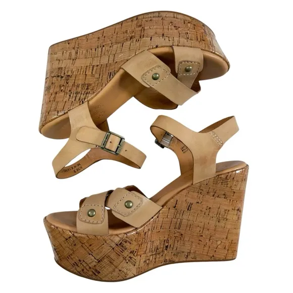 Kork-Ease Jaclyn Tan Leather Crisscross Platform Cork Wedge Sandals Size 5