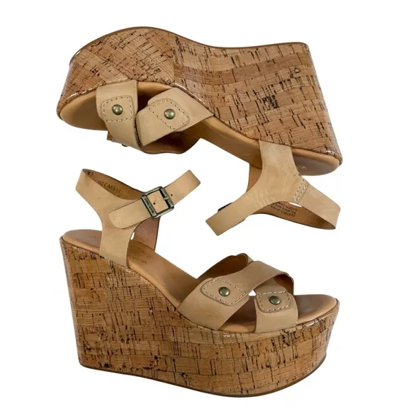 Kork-Ease Jaclyn Tan Leather Crisscross Platform Cork Wedge Sandals Size 5