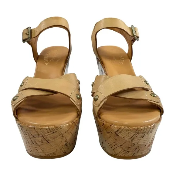 Kork-Ease Jaclyn Tan Leather Crisscross Platform Cork Wedge Sandals Size 5