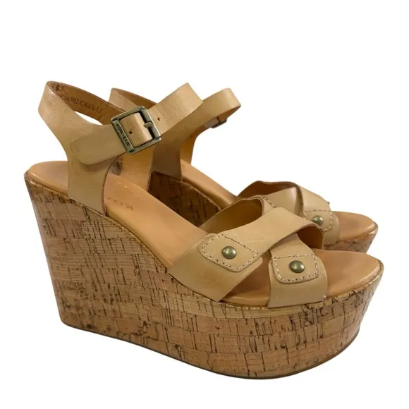 Kork-Ease Jaclyn Tan Leather Crisscross Platform Cork Wedge Sandals Size 5