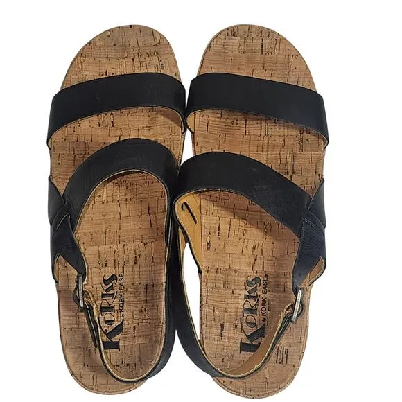 Korks by Kork-Ease Black Double Strap Cork Platform Sandals Women's Size 9