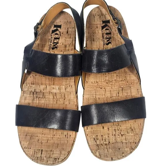 Korks by Kork-Ease Black Double Strap Cork Platform Sandals Women's Size 9