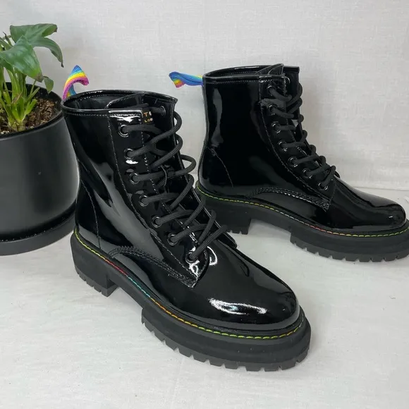 KURT GEIGER LONDONWomen's‎ Birdie Patent Leather BlackCombat Boots 36