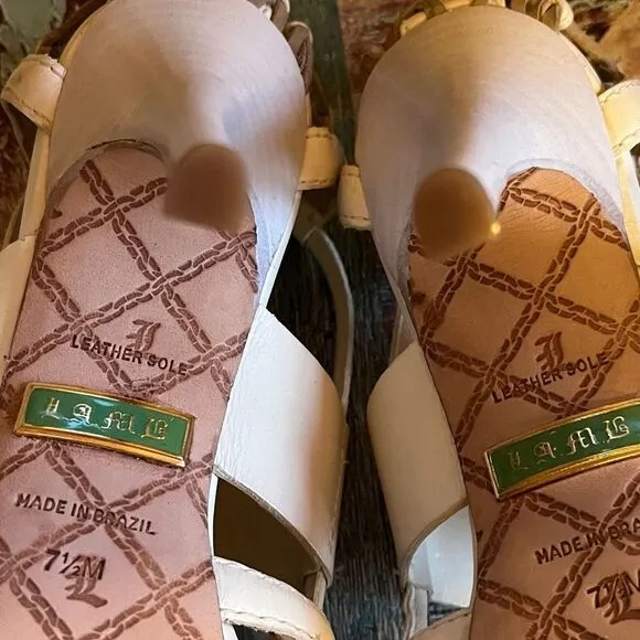 L.A.M.B. Flavia Ivylea High Heels Shoes EUC Peep Toe Buckle  Sexy Cream/Tan 7.5