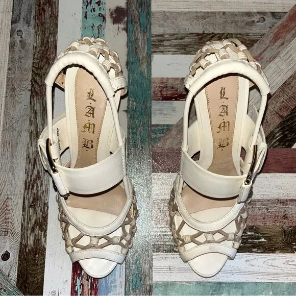 L.A.M.B. Flavia Ivylea High Heels Shoes EUC Peep Toe Buckle  Sexy Cream/Tan 7.5