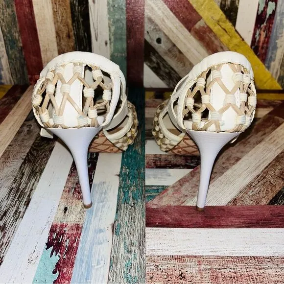 L.A.M.B. Flavia Ivylea High Heels Shoes EUC Peep Toe Buckle  Sexy Cream/Tan 7.5