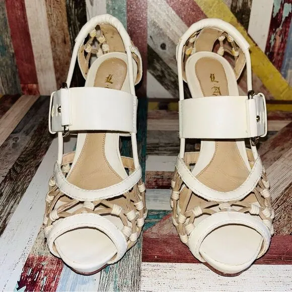 L.A.M.B. Flavia Ivylea High Heels Shoes EUC Peep Toe Buckle  Sexy Cream/Tan 7.5