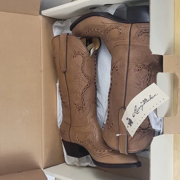 Larry Mahan Vintage Size 8 Leather Tan Taupe Western Cowboy Cowgirl Boots