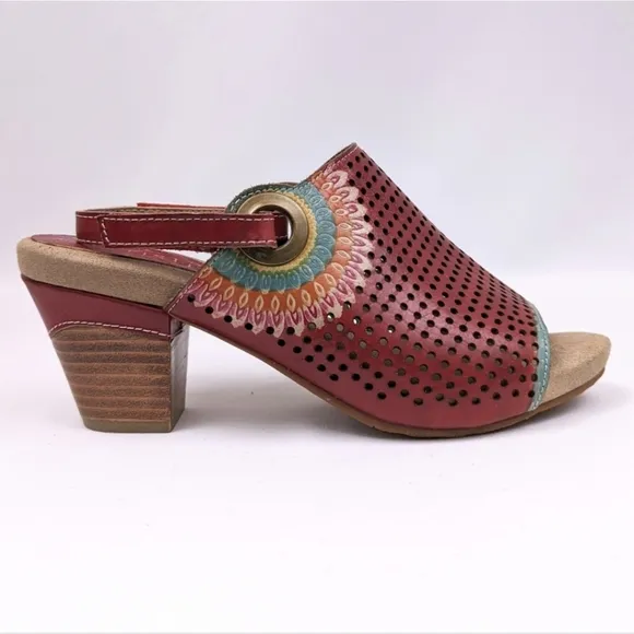 L'Artiste Millie Open Toe Clog Sandal Perforated Leather Ankle Strap Floral 8