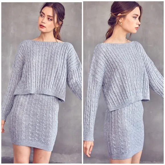 LAST ONE❗️Idem Ditto Heather Gray Cable Knitted Sweater 2-Piece Skirt Set